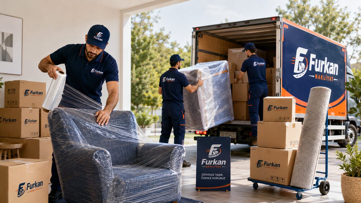 Furkan Nakliyat ekibi eşyaları streçle özenle paketliyor